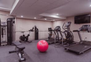 A gym with treadmills, an exercise bike, a red stability ball, a weight bench, and various exercise machines.